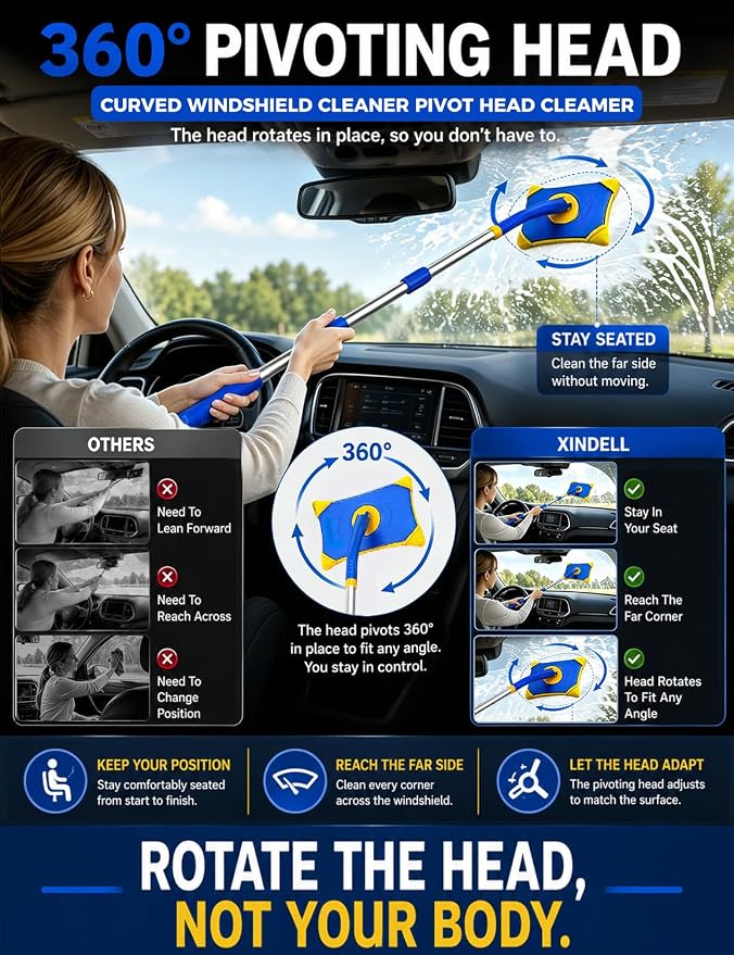 XINDELL Long Reach Windshield Cleaner Tool, 28"-44.5" Extendable Car Glass Cleaner with Curved Pole & Pivot Head, Inside Windshield Cleaner for SUV Truck RV, 4 Microfiber Pads | Curved Pole Pivot Head