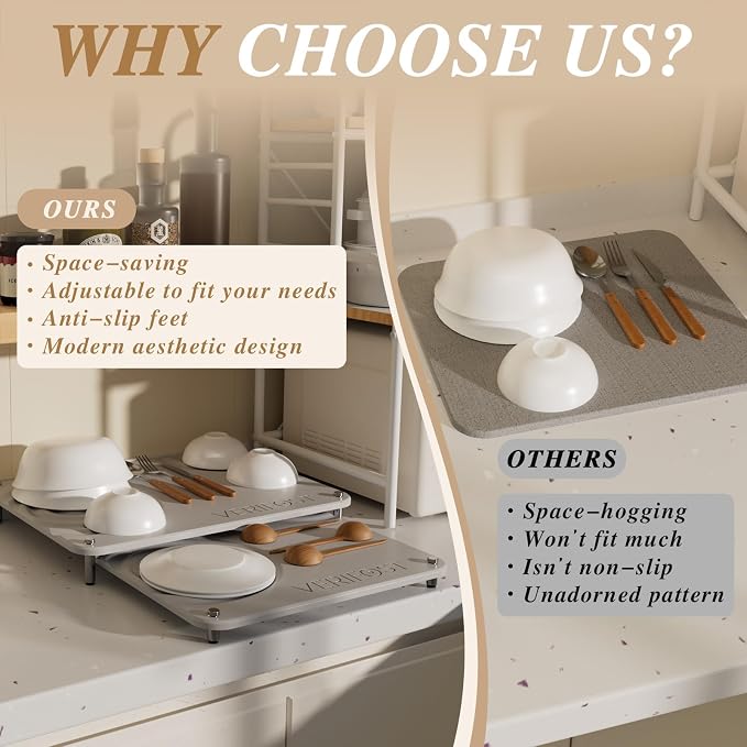 VERIFOST 2pcs Large Stone Dish Drying Mat with Acacia Wood Holder Stand for Cutting Board and Stone Drying Mat for Kitchen Counter Quick Dry Diatomaceous Earth Mat for Kitchen Counter, Moonlight Gray