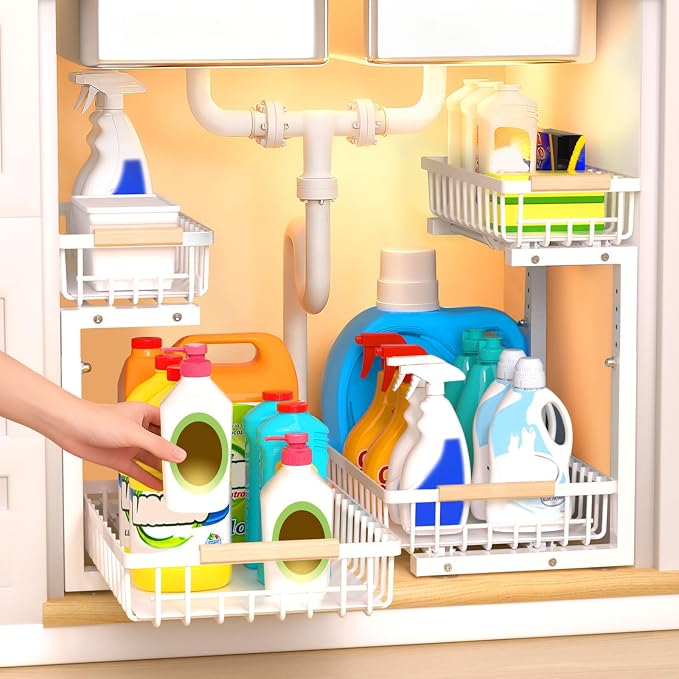 Under Sink Organizer, 2 Tier Pull Out Under-Sink Shelves, Adjustable Height (13.8" -16.9"), Sturdy Metal Storage Organizer for Bathroom Kitchen Pantry Cabinet (2 Packs, White)