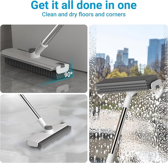 Pool Scrub Brush with 52" Pole, 3 in 1 Pool Cleaning Brush with Squeegee, Floor Scrub Brush with Long Handle, Deck Brush for Swimming Pool Tile Wall Patio Concrete White