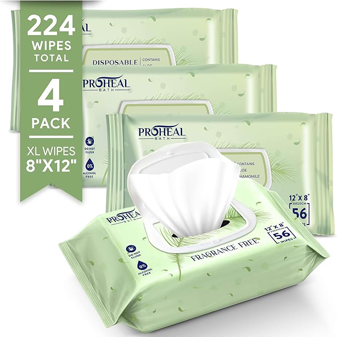 XL Adult Wipes for Elderly - 224 Count Body Wipes for Adults Bathing No Rinse, 12" x 8" Disposable Incontinence Washcloths, Fragrance Free, Sensitive Skin, Aloe & Vitamin E, Hypoallergenic ProHeal