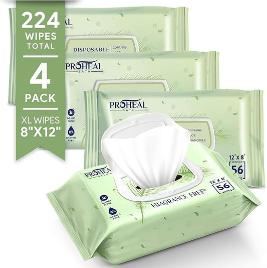 XL Adult Wipes for Elderly - 224 Count Body Wipes for Adults Bathing No Rinse, 12" x 8" Disposable Incontinence Washcloths, Fragrance Free, Sensitive Skin, Aloe & Vitamin E, Hypoallergenic ProHeal