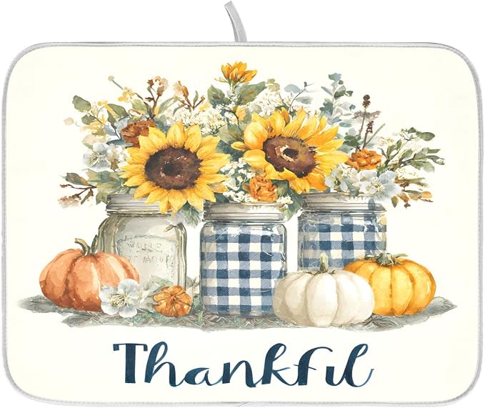 Autumn Pumpkin and Sunflower Floral Vase Dish Drying Mat for Kitchen Counter Absorbent Microfiber Large Drying Pad Dish Mats for Kitchen Countertops 18 x 24 Inch