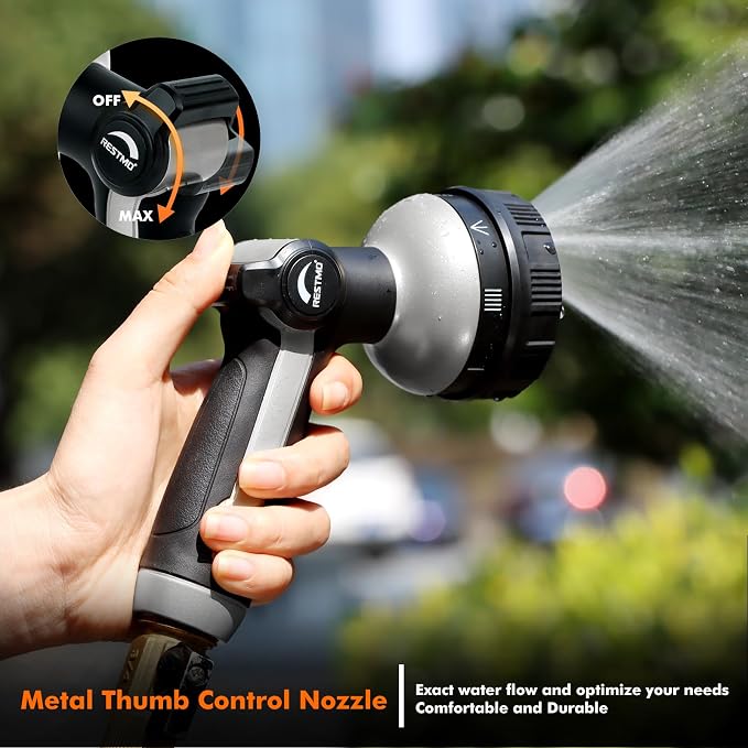 RESTMO Garden Hose Nozzle Heavy Duty, Metal Sprayer Nozzle Thumb Control | 8 Spray Patterns Full Shower Water Hose nozzle for Garden Hose, Ideal for Lawn & Plant Watering, Car & Pet Washing, Silver