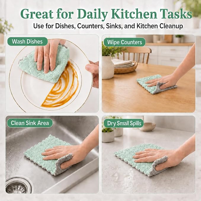 kimteny 12 Pack Dish Cloths for Washing Dishes, Super Absorbent Microfiber Kitchen Dish Rags, Fast Drying Coral Velvet Dish Cloths for Kitchen Counter and Dishes (Green-Grey)
