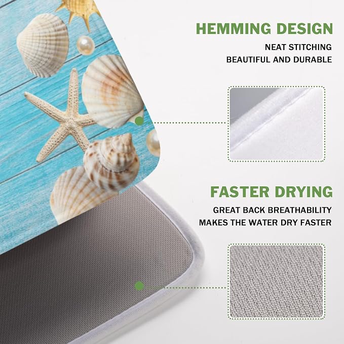 Summer Coastal Dish Drying Mat for Kitchen Counter Seashell Starfish Blue Wooden Board Microfiber Dish Drainer Mat Ocean Nautical Absorbent Washable Drying Pad Extra Large 16"x18"