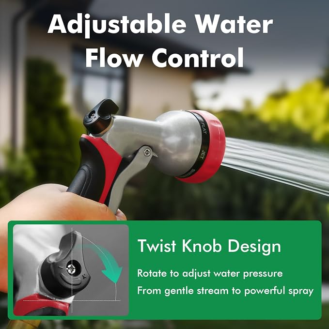 RESTMO Garden Hose Nozzle, Heavy Duty Metal Water Hose Nozzle with 7 Adjustable Spray Patterns, High Pressure Hand Sprayer with Flow Control, Best for Watering Plants & Lawns, Washing Cars & Pets, Red