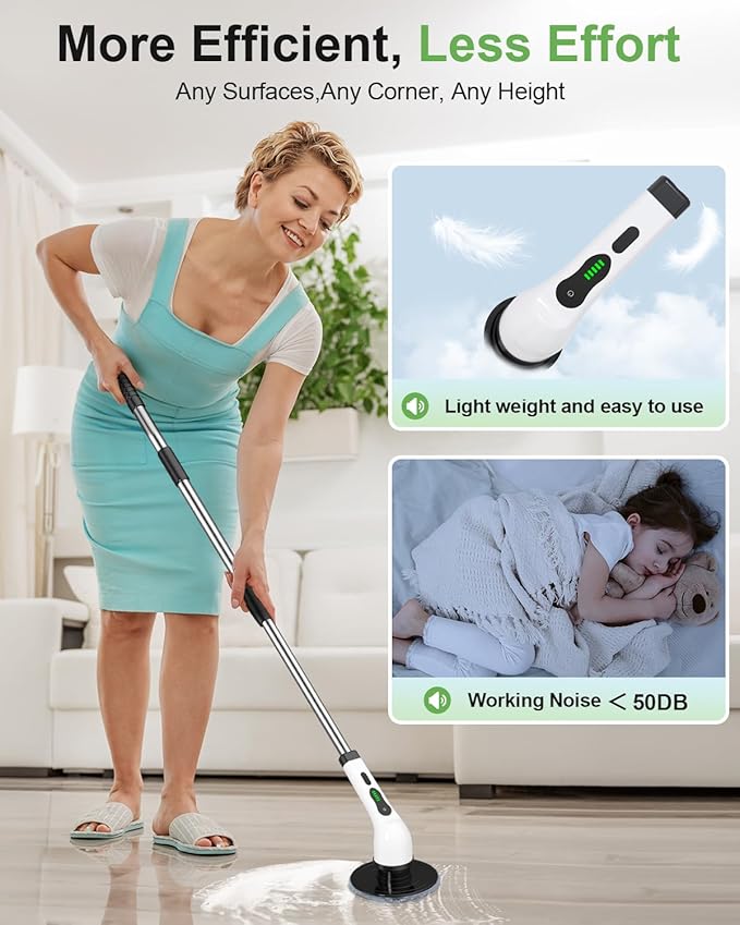 Cordless Electric Spin Scrubber, 9 Brush Heads, 2-Speed Motor | Floor cleaning, bathroom scrubber, tile floor scrubber, extension arm, IPX7 waterproof, tub, sink, grout, wet- dry vacuum