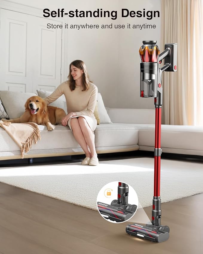 Cordless Vacuum Cleaner, 650W/55KPa 70Mins Vacuum Cleaners for Home, Self-Standing Stick Vacuum with Anti-Tangle Brush & OLED Touch Screen, Vacuum Cleaner for Hardwood Floors,Carpet,Pet Hair,Car (Red)