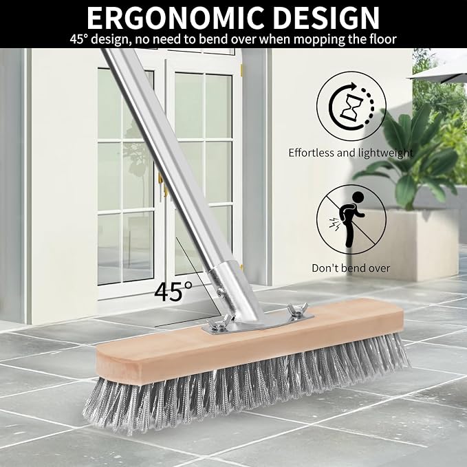 Stainless Steel Wire Scrub Brush with Long Handle, Heavy Duty Floor Scrubber Brush, Moss Remover Wire Broom for Deck, Rough Surface, Concrete Floor, Patio, Garden, Garage
