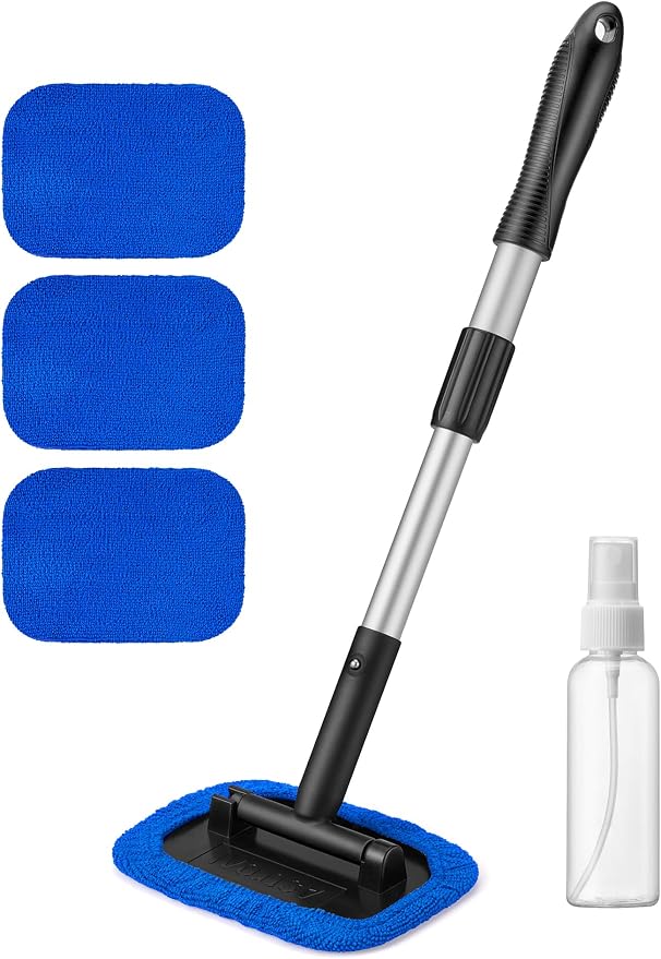 AstroAI Windshield Cleaner, Microfiber Window Cleaner with 4 Reusable Washable Large Sponge Pads, Extendable 180° Rotating Handle, Fits Cars & SUVs, Includes Spray Bottle, Blue
