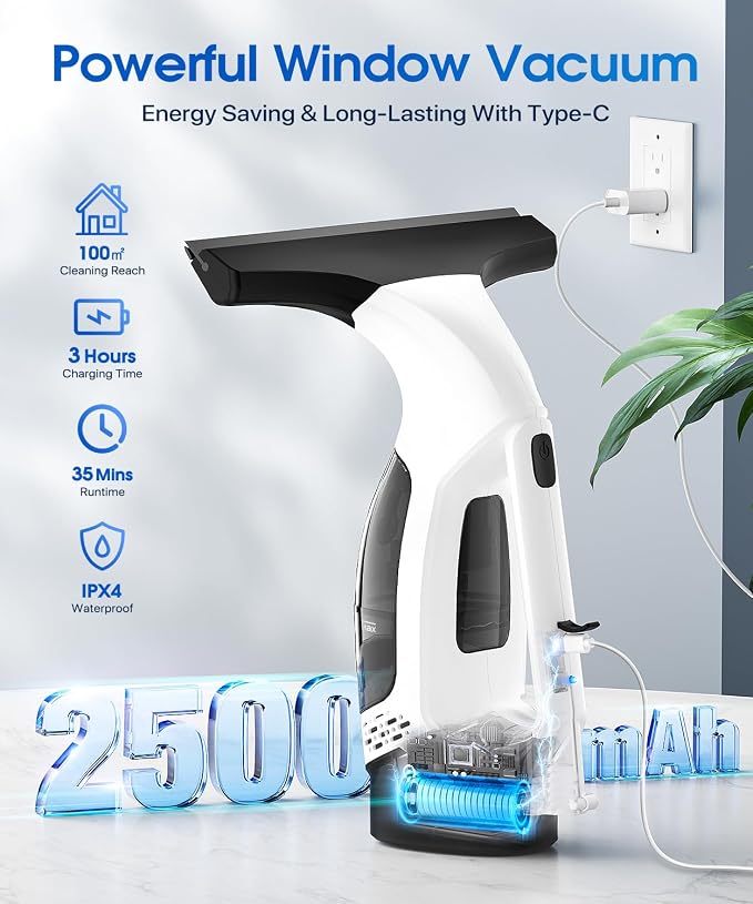Window Vacuum Squeegee Cordless, 3-in-1 Electric Window Cleaner Tool with Spray & Microfiber Pad, Streak-Free 2200Pa Suction for Glass, Shower Doors, Mirrors, Tiles and Car Windows
