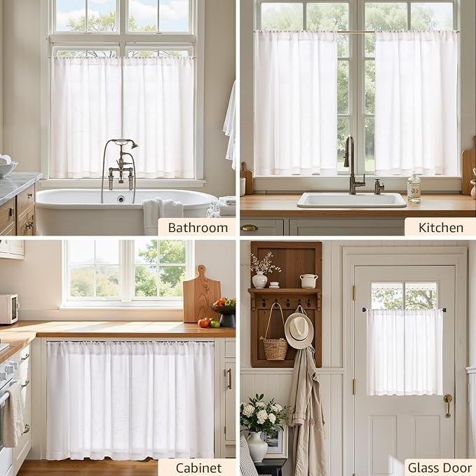 jinchan Linen Kitchen Tier Curtains, 38x36, 2 Panels, Beige White | Light filtering, linen blend, rod pocket, farmhouse style, rustic decor, kitchen, bathroom, laundry room, RV, small windows