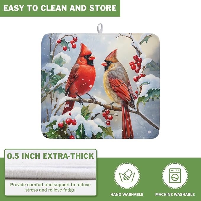 Winter Cardinal Birds Dish Drying Mat, Holly Berry Branches Dish Drying Mat for Kitchen Counter, Red Birds Absorbent Fast Dry Dish Drainer Mat Protector Xmas Microfiber Dish Drying Pad 16x18 Inch