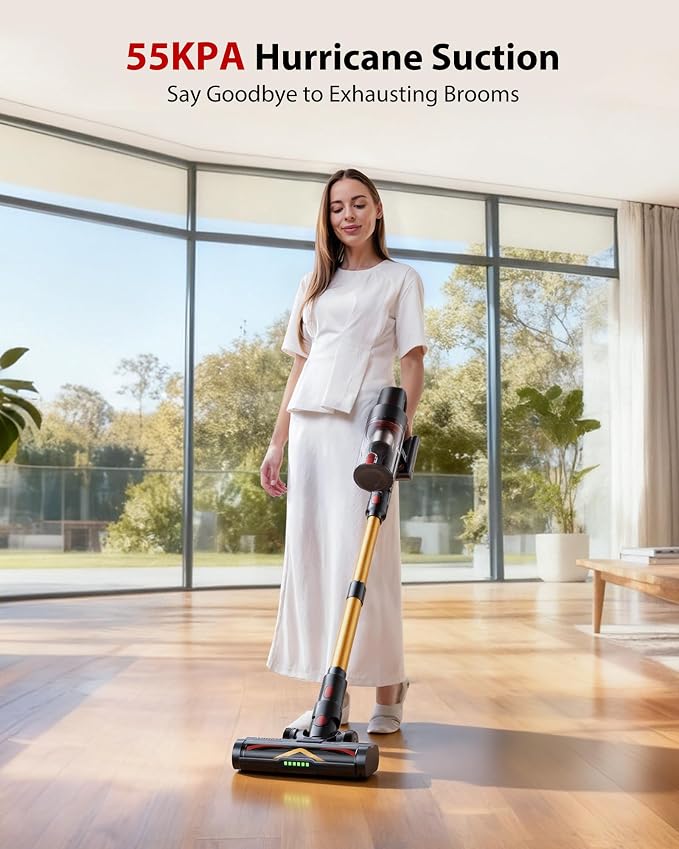 Cordless Vacuum Cleaner, 75Mins/55KPa/650W, Rechargeable | Anti-Static&Anti-Tangle Brush, Extra Replacement Washable HEPA Filter, for Hard Floor, Carpet, Pet Hair, Freestanding