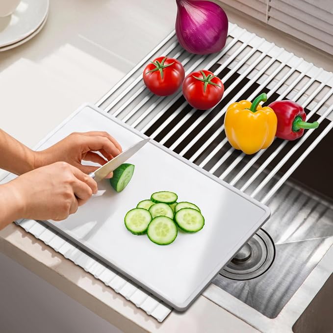 HANZENMA Roll Up Dish Drying Rack Over The Sink Kitchen Roll Up Sink Drying Rack Multipurpose Foldable Sink Drying Mat, Heat-Resistant, Anti-Slip & Anti-Rust Dish Rack for Kitchen, 20.5" x 13", White