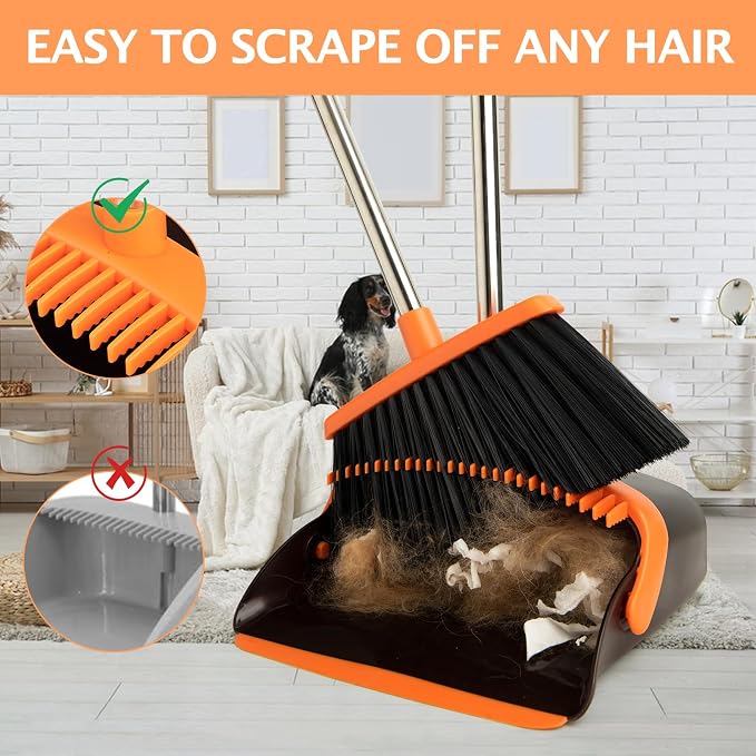 2-Pack Broom and Dustpan Combo Set, Long Handle, Brown Orange | Standing Dustpan, Heavy Dust,House Accessories for Home, Kitchen, Office, Pet Hair