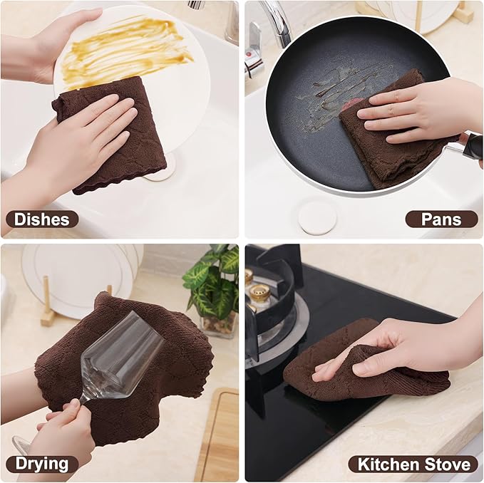 Homaxy 24 Pack Kitchen Dish Cloths (10 x 10 Inches, Brown), Super Soft and Absorbent Coral Velvet Dish Towels, Nonstick Oil Fast Drying Microfiber Cleaning Cloth, No Lint Household Dishcloths
