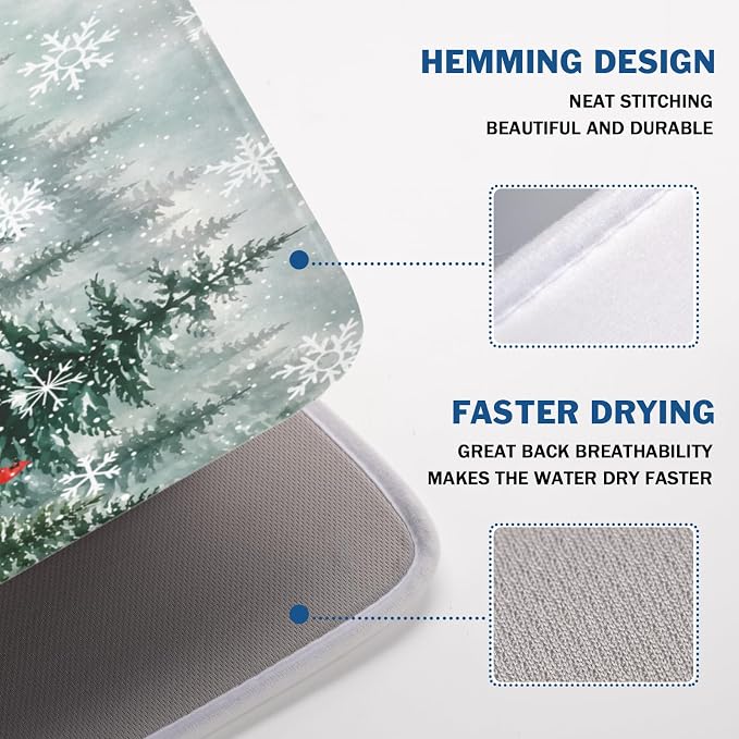 Winter Forest Snowflake Dish Drying Mat for Kitchen Counter 18"x24" | Christmas Green Pine Trees Birds Dish Drainer Mat Rustic Winter Holiday Absorbent Washable Drying Pad