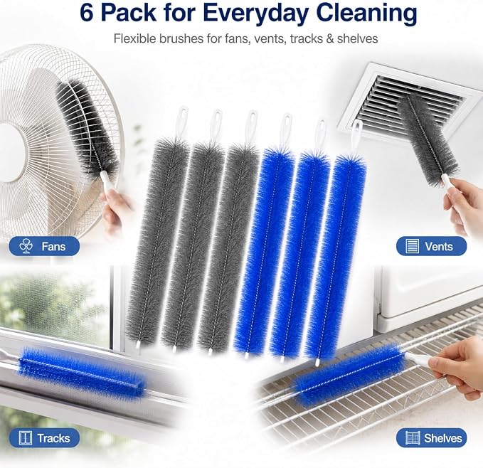 6 Pack Fan Cleaning Brush, Bendable Blinds Cleaner Tool for Vents | 6 reusable fan cleaning brushes with flexible bristles for fans, blinds, vents, screens, tracks and narrow gaps.