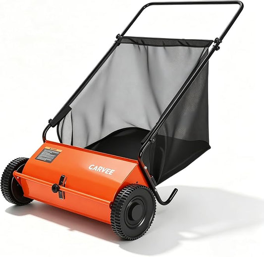 Garvee 21 Inch Push Lawn Sweeper, Walk Behind Leaf Grass Collector with 6 Cu ft Hopper Bag, Carbon Steel Frame, Yard Sweeper with Adjustable Brush Height for Garden Patio Driveway Leaves Cleanup