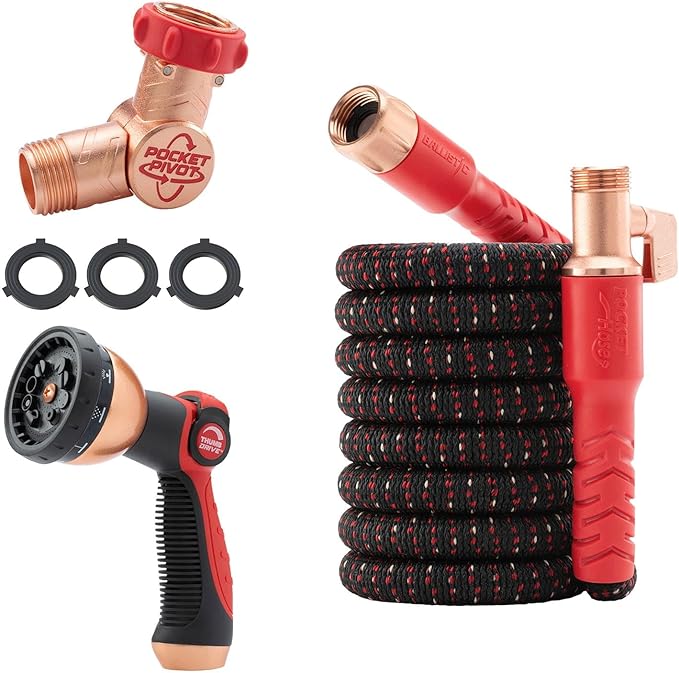 Pocket Hose Ballistic 25 FT Expandable Garden Hose, No-Kink, As Seen on TV | Anti-burst sleeve reinforced with bulletproof fiber, 360° swiveling pocket pivot connector, lightweight compact design