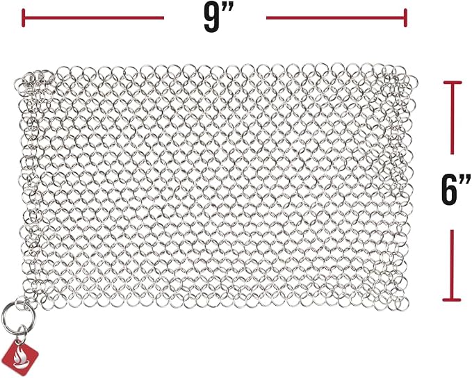 Knapp Made CM Scrubber 9" x 6" Small Ring Chainmail Cast Iron Scrubber, Premium Stainless Steel Mesh Cleaner for Pre-Seasoned Pans, Dutch Ovens, Grills and Skillets
