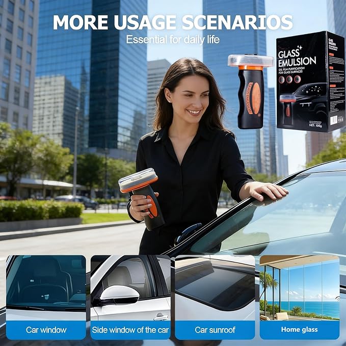 【2PCS】 Glass Emulsion Cleaner, Car Windshield Cleaner Tool Roll-On Glass Compound with Cleaning Board, Removes Oil Film & Smudges, Improve Windshield Clarity for Safe Driving (100ml+Brush)*2