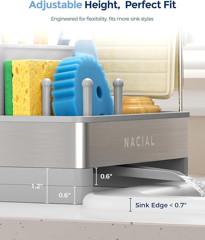 Nacial Sponge Holder for Kitchen Sink, Sink Caddy Organizer with High Brush Holder & Two Towel Racks - Rustproof 304 Stainless Steel Kitchen Countertop Storage Essentials - Gris