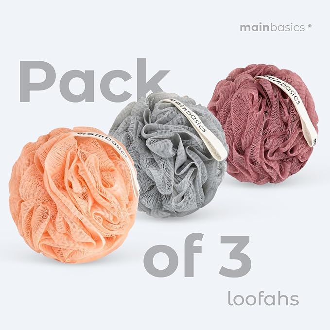 MainBasics Shower Loofah Sponge Pouf, Set of 3, Coral Reef | Soft Mesh Body Scrubber and Bath Sponge for Gentle Exfoliation, Rich Lather, and Everyday Shower Use