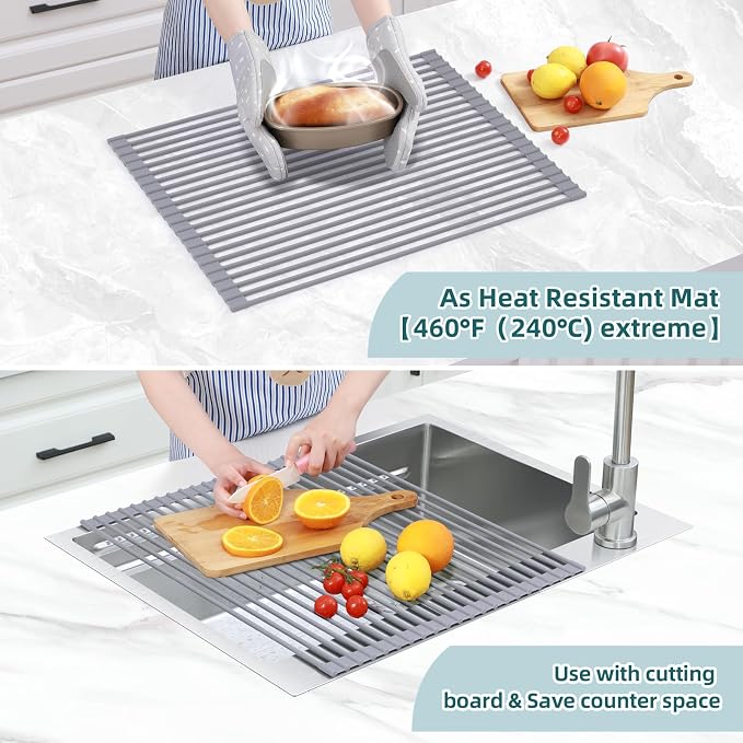 Ohuhu Sink Drying Rack, 20.5" W x 16.1" L Over The Sink Roll-Up Dish Drainer - Rolling Foldable Sink Accessories Heat-Resistant Mat Anti-Slip Silicone Coated Multipurpose for Kitchen Counter