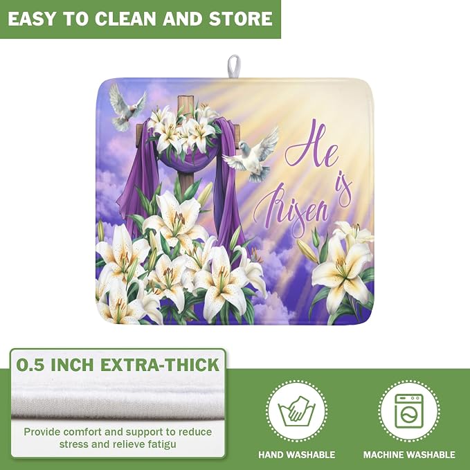 Easter Dish Drying Mat for Kitchen Counter He is Risen Cross Floral Purple Pattern Microfiber Dish Drainer Mat Rustic Absorbent Washable Drying Pad 16"x18"