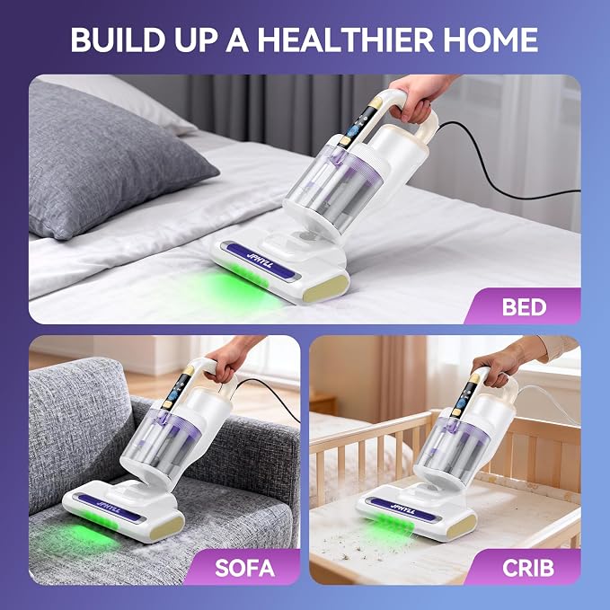 Mattress Vacuum Cleaner, 20Kpa Suction Bed Vacuum Cleaner with 253.7nm UV-C Light, 140°F Heated Air, 30000 RPM Brushroll, 40,000Hz Ultrasonic, HEPA Filter, for Bed, Sofa, 500W Corded (White)