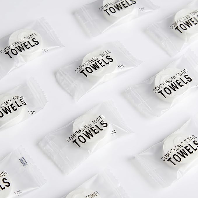 50 PCS Compressed Towels Bulk – Coin Tissue Tablets for Travel, Camping & Hiking – Portable Disposable Face Wipes, Mini Expanding Hand Towels (20x20cm) for Gym, Hotel, Makeup & Home Cleaning