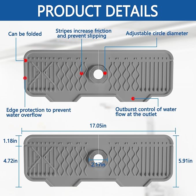 Sink Splash Guard Gen2-17" x 6'' Kitchen Sink Accessories,Silicone Sink Mat Splash Guard,fit for Countertop, Bathroom,Farmhouse,RV by EBIGIC (Grey)