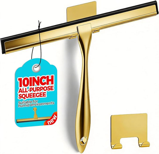 ALFLOD Shower Squeegee for Glass Doors, Tile Walls, Mirrors and Windshields | 10" gold, bathroom accessories, window cleaner, new home essentials, silicone blade, metal handle, adhesive hook