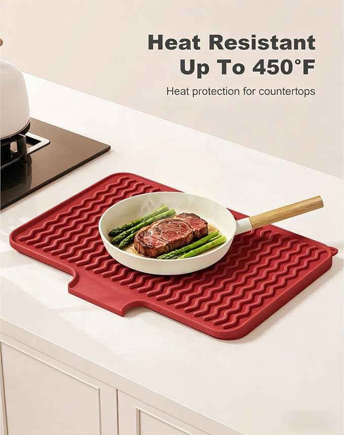 Rnivvi Silicone Dish Drying Mat for Kitchen Counter, 16 x 12" Drainer Pad with Drainage Spout, Non-Slip Countertop Protector Heat Resistant Trivet, Kitchen Decor Mat Sink Drip Pad for Dishes, Red