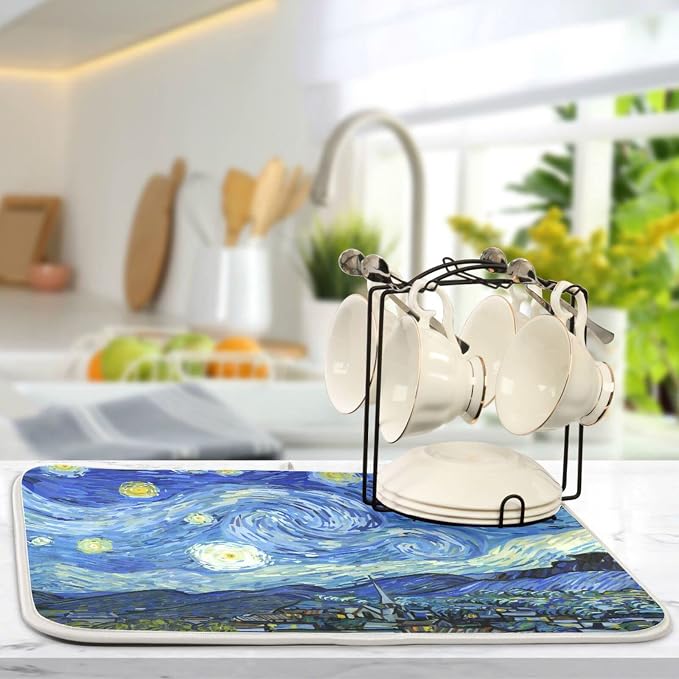 Absorbent Dish Drying Mat for Kitchen Counter - Van Gogh's Starry Sky Blue Microfiber Drying Pad, Reversible Drainer Mats for Countertop, Small 16 x 18 inch