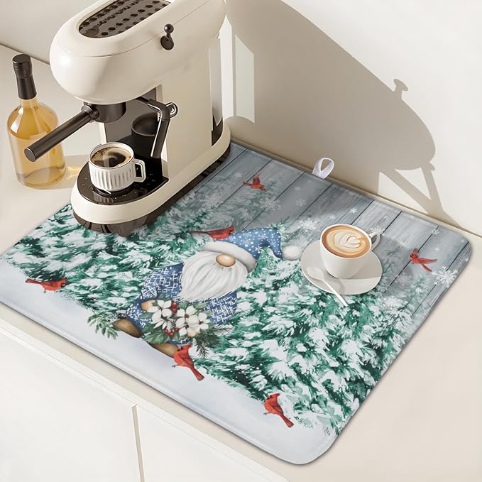 Giwawa Winter Gnome Dish Drying Mat Pine Tree Dishes Pad 16"x18" Microfiber Absorbent Fast Dry Drainer Rack Mats Protector for Kitchen Countertop