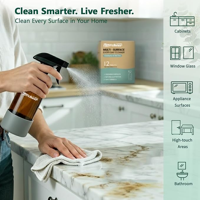 flowcheer Multi Surface Cleaner Refills -12 Pack All Purpose Cleaning Refill Tablet-Makes 192 fl oz Bottles of Spray Cleaner for Household&Kitchen Cleaning (Eucalyptus)