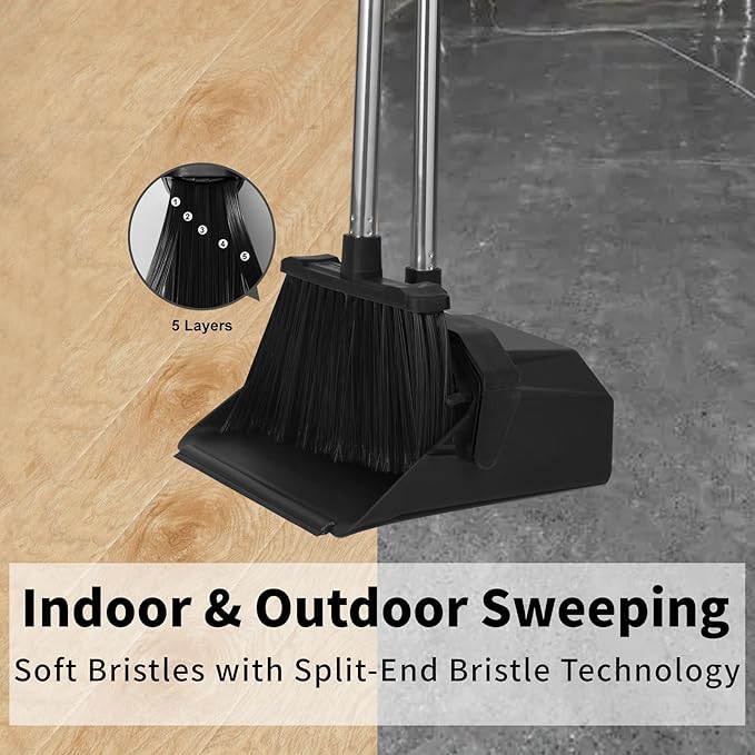 Tiumso 3-Pack Upright Broom with Dustpan Combo Set, Commercial Broom and Dustpan Set, Industrial Brooms and Dust Pan with Long Handle for Restaurant Kitchen Shop Warehouse Lobby Garage - Black