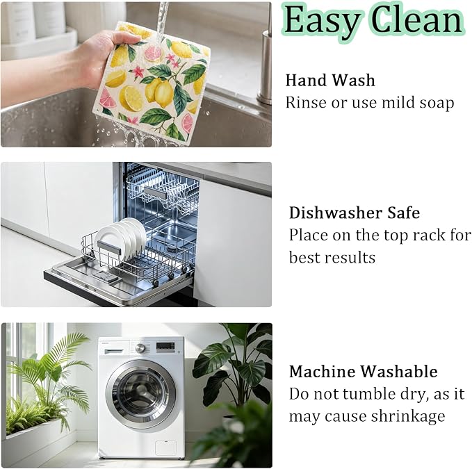 Swedish Dishcloths for Kitchen 5 Pack Fruit Reusable Paper Towels with 3 Hooks Absorbent Washable Dish Cloth Set Cleaning Cloth for Housewarming