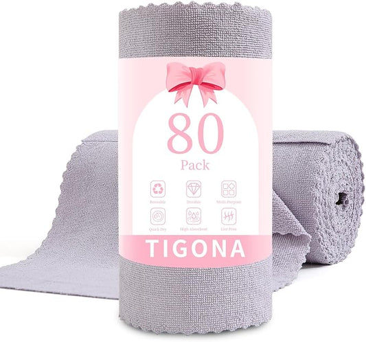 80 Pack Microfiber Cleaning Cloth Roll,Lint Free Rags & Tear Away Reusable Towels Washable Scratch,Ultra Absorbent Dish Rags(12" x 12") for Car Kitchen Home Garage-Light Purple
