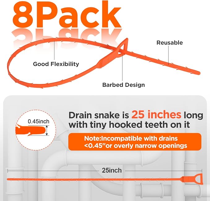 Forlivese 25 Inch Drain Snake,Drain Clog Remover,Sink Snake for Sewer Kitchen Sink Bathroom Tub Toilet Clogged Drains Relief Cleaning Tool 8 Pack
