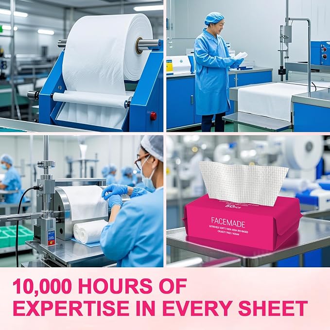 FACEMADE 200 Count (4 Packs) Disposable Face Towels, Ultra Thick Face Towelettes Disposable, Clean Facial Towels for Makeup Remover, Skincare, USDA Certified 100% Biobased