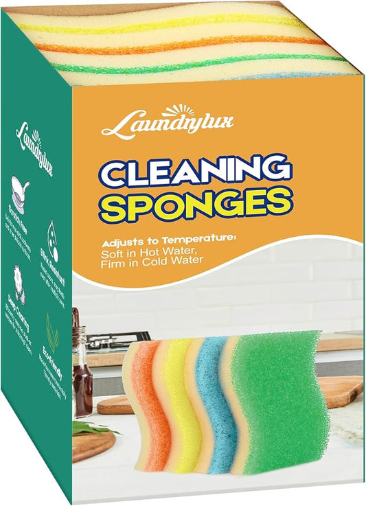 LAUNDRYLUX Scrub Sponge, 4 Pack Dual-Sided Temperature-Responsive Scrubber - Non-Scratch - Multipurpose Dish Sponges for Kitchens, Bathrooms, and Outdoor Use - S Shape