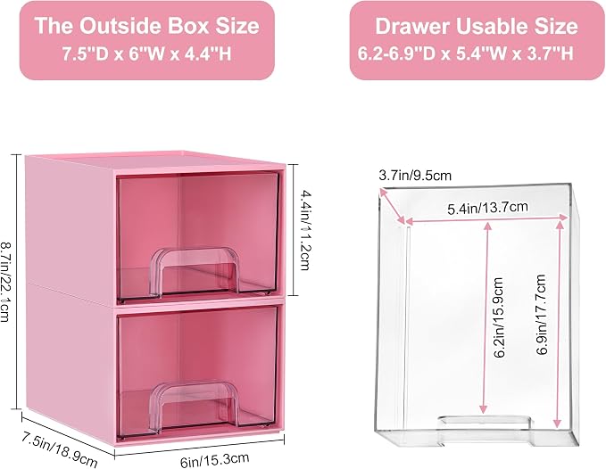 Vtopmart 4 Pack Small Clear Stackable Storage Drawers, Acrylic Bathroom Makeup Organizer, Plastic Storage Bins for Vanity, Undersink, Kitchen Cabinets, Pantry, Home Organization,Pink
