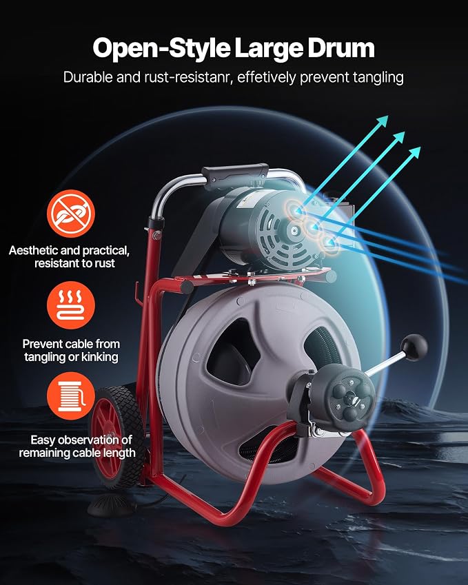 VEVOR Drain Cleaner Machine 75 FT x 3/8 Inch, Auto Feed Sewer Snake Drain Auger on Wheels, Portable Drain Cleaning Machine with 8 Cutters & Air-Activated Foot Switch for 2" to 4" Pipes