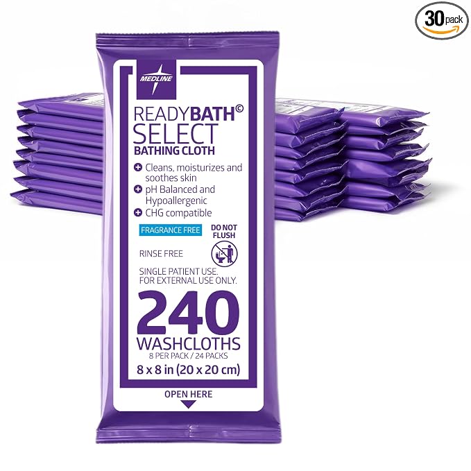 Medline Readybath Body Wipes, Shower and Bath for Adults, No Rinse Disposable Washcloths, Extra Thick, Hypoallergenic, Alcohol-Free, Aloe-Infused, Unscented, 240 Count (30 Packs), 8x8 Inch