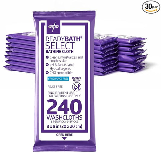Medline Readybath Body Wipes, Shower and Bath for Adults, No Rinse Disposable Washcloths, Extra Thick, Hypoallergenic, Alcohol-Free, Aloe-Infused, Unscented, 240 Count (30 Packs), 8x8 Inch